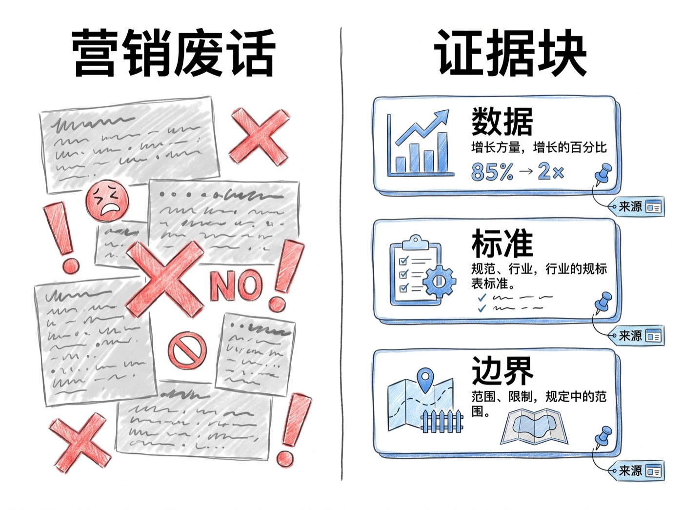 营销废话和段落证据块对比图